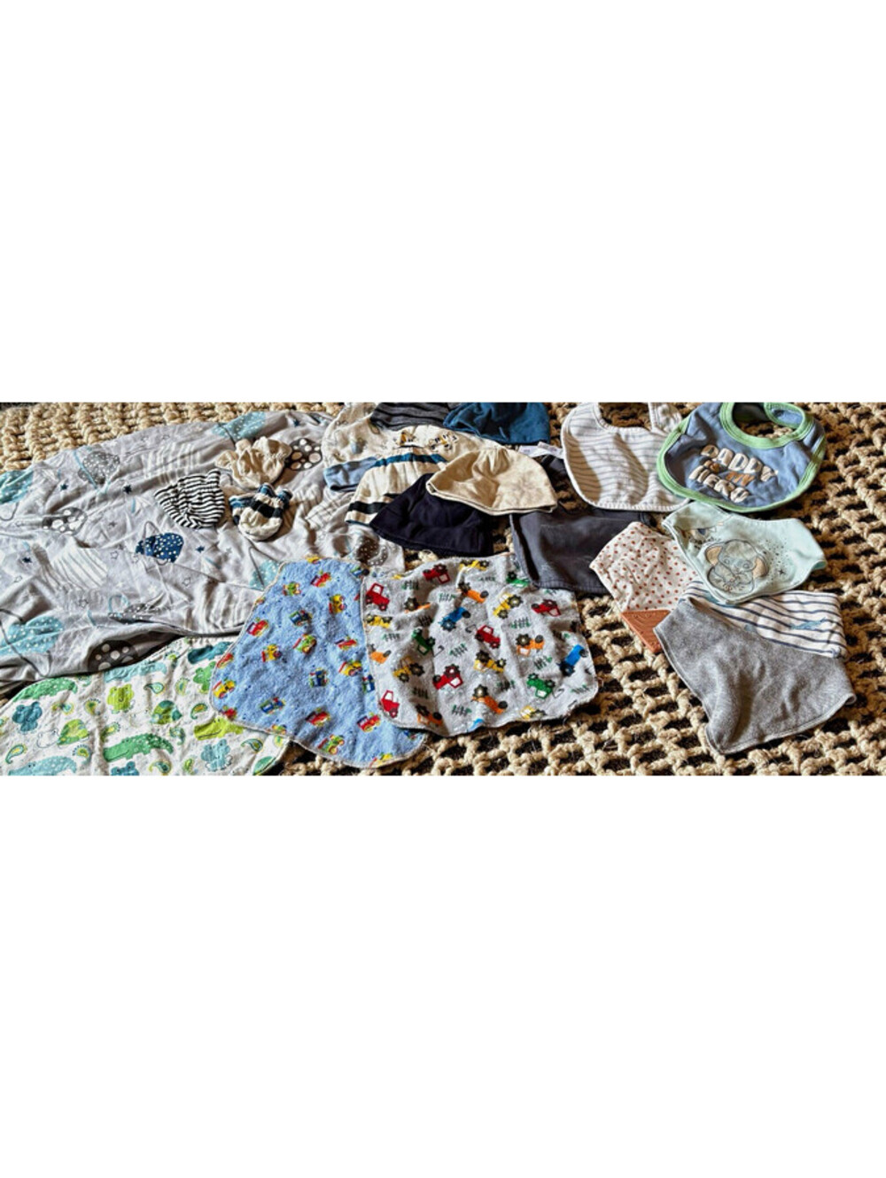 Huge Baby Boy Accessory Bundle - Unused Crib Sheet, Bibs, Hats, Mittens & Cloths